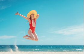 frau, springen, strand